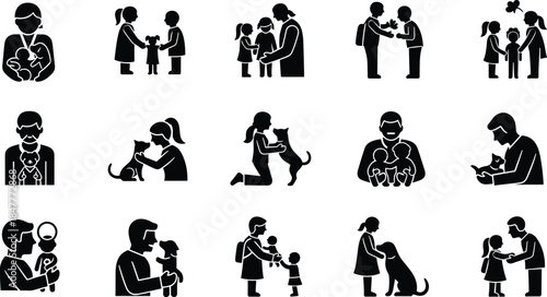 Caregiving and bonding icon set, black silhouette illustrations of adults, children, and pets in nurturing and affectionate interactions graphic
