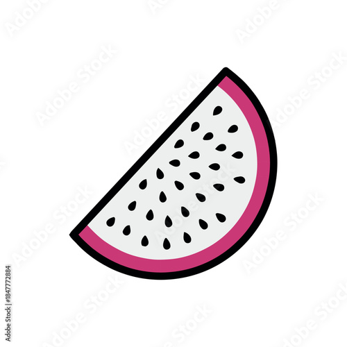 Vibrant slice of dragon fruit, also known as pitaya, with white flesh and black seeds, outlined in black and pink. A fresh, tropical fruit icon.
