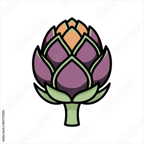 Vibrant vector illustration of a fresh artichoke, featuring purple, green, and orange hues with bold outlines. Ideal for healthy eating, cooking, or garden themes.