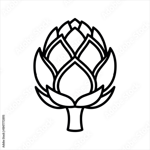Simple black and white line art illustration of a fresh artichoke, perfect for healthy eating, cooking, and organic food concepts.