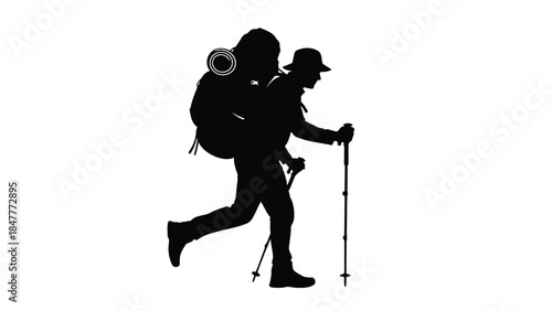 Silhouette of a hiker with backpack and trekking poles walking on a isolated on white background