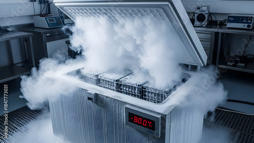 Open cryogenic laboratory freezer emitting dense vapor while preserving biological samples at ultra-low temperatures.