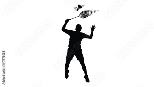 Badminton player silhouette jumping hit shuttlecock vector isolated on white background