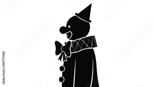 Black silhouette of a clown in a cone hat and bow tie isolated on white background