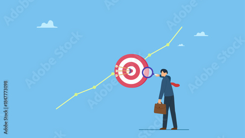 Businessman or marketer holding magnifying glass analyze customer data graph and chart. Marketing target audience research, business analysis to increase sale, target group or focused customer.