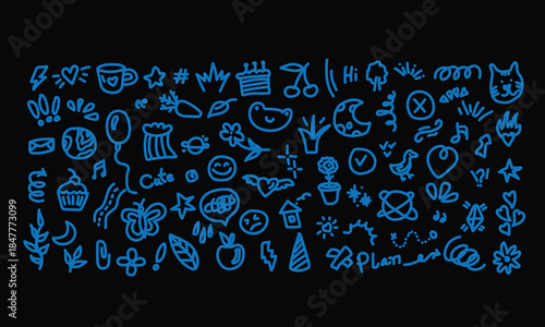 Blue Doodle Icons on Black Background