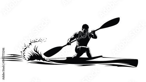 Black silhouette of a man kayaking on a wave with a paddle vector illustration isolated on white background