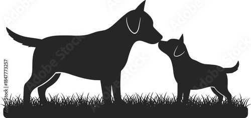 Dog bonding silhouette icon set, black illustration of adult and puppy affection on grassy field, animal companionship concept graphic