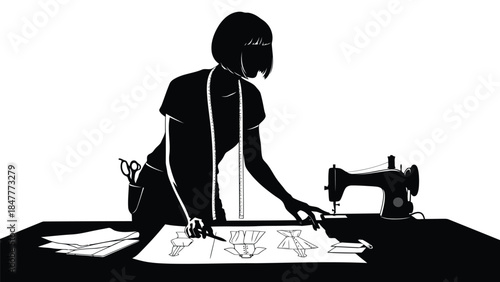 Woman working at sewing machine with pattern and thread silhouette on table isolated on white background