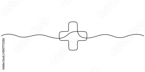 Minimalist single line art drawing of a plus sign. Medical sign symbol one line drawing vector illustration