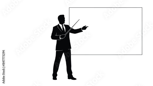 Silhouette of a businessman presenting on a blank whiteboard isolated on white background
