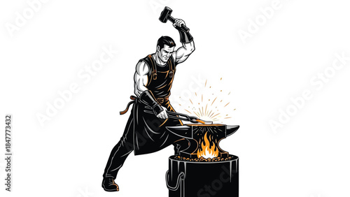 Muscular blacksmith hammering hot metal on anvil Vector illustration isolated on white background