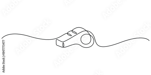 Continuous line drawing of a whistle. Concepts for sporting events by referees to manage play, start or end games, and enforce rules