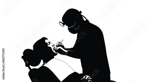 Dentist examining patient mouth with dental tools silhouette isolated on white background