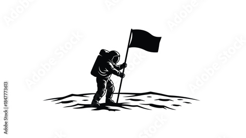 Astronaut planting flag on moon surface in silhouette style isolated on white background
