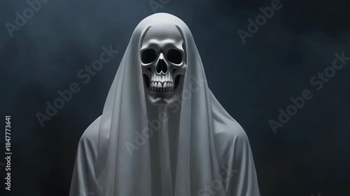 A terrifying depiction of a skull-faced figure draped in a white sheet against a dark, smoky background.