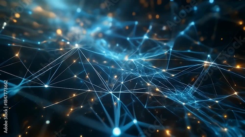Abstract network of glowing blue and orange nodes connected by white lines against a dark background.