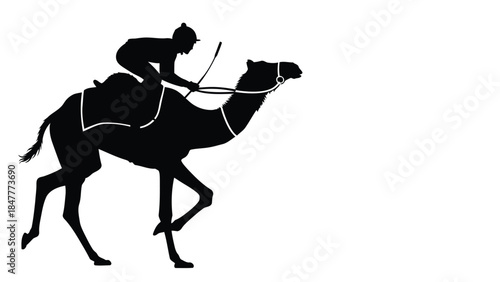 Silhouette of a camel rider racing on a isolated on white background