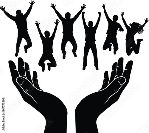 Support and empowerment icon set, black silhouette illustration of hands uplifting joyful human figures in celebration and unity graphic