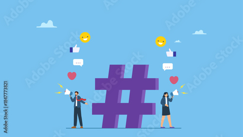 Marketer advertising team announce promotion on hashtag sign with social feedback. Social media marketing, online digital advertising campaign, hashtag followers or social strategy.