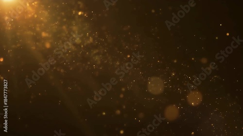 Golden particles float and shimmer against a dark background.