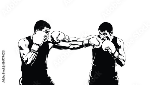 Two boxers punching in black silhouette style on , vector illustration isolated on white background