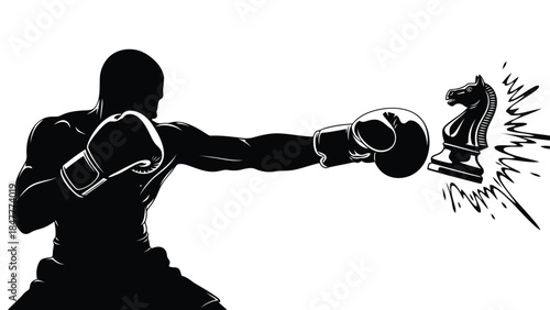 Boxer punches knight chess piece in silhouette style isolated on white background