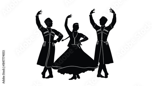 Three silhouetted dancers performing traditional whirling dervish in black isolated on white background