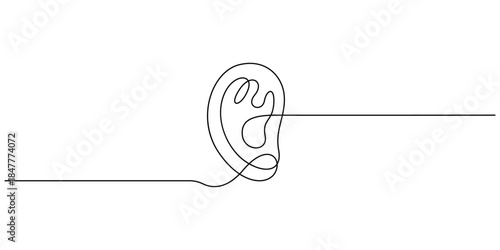 Minimalist, continuous line drawing of a human ear vector illustration