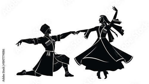 Silhouette of a man and woman dancing together in traditional clothing Vector illustration isolated on white background