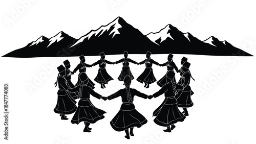 Silhouette of people dancing traditional folk dance in front of mountains Vector isolated on white background