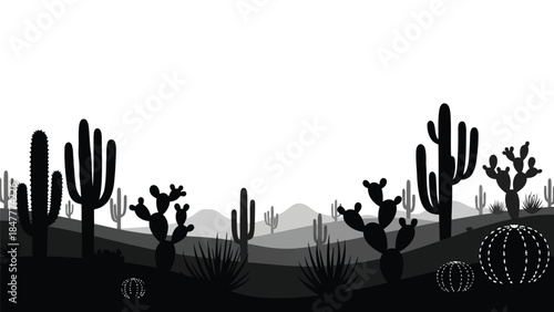 Desert landscape with cactus plants and mountains in silhouette style isolated on white background