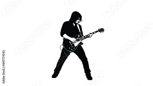Black silhouette of a man playing an electric guitar, dynamic pose, against a , vector isolated on white background