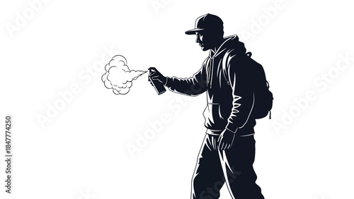 Man silhouette spraying aerosol can graffiti artist urban isolated on white background