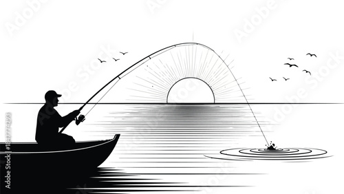 Man fishing from boat silhouette at sunrise with birds flying overhead vector illustration isolated on white background