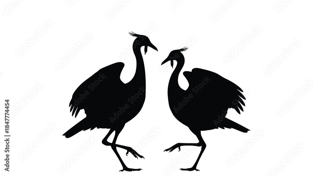 Fototapeta premium Two cranes facing each other in black silhouette isolated on white background