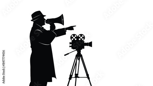 Silhouette of man with megaphone directing camera on tripod, black shadow, vector isolated on white background