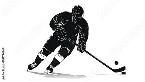 Black silhouette hockey player skating hitting puck vector illustration isolated on white background