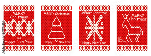 Knitting texture vector Merry Christmas and Happy New Year greeting poster cover set. Perfect Folk ethnic red sweater texture Christmas card set. EPS 10