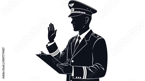 Silhouette of pilot taking oath with clipboard isolated on white background