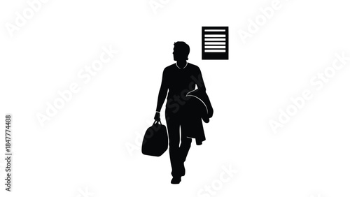 Silhouette of a businesswoman walking with a briefcase and coat isolated on white background