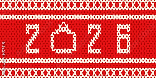 2026 vector banner. Folk Knitted texture New Year background with modern 2026 number. Perfect Folk ethnic texture Knitting holiday calendar banner placard poster design. EPS 10