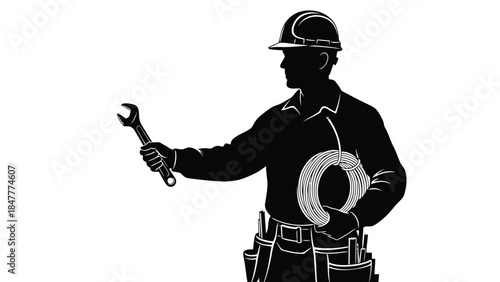 Man worker silhouette holding wrench and coil isolated on white background