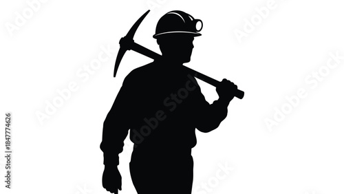 Silhouette of a coal miner with pickaxe on shoulder in hard hat isolated on white background