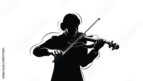 Silhouette of a woman playing violin with bow isolated on white background