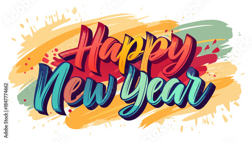 Colorful happy new year calligraphy with abstract paint background