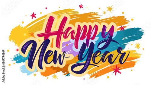 Colorful happy new year calligraphy with abstract paint background