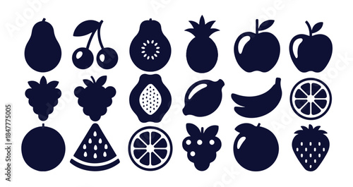 Collection of dark blue fruit icons including pear, cherry, kiwi, pineapple, apple, raspberry, and more