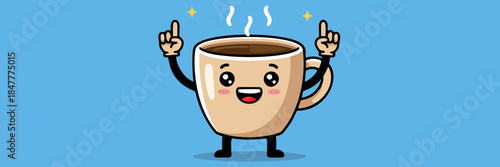 Cute cartoon illustration of a smiling coffee cup character with arms raised and steam rising, set against a light blue background, symbolizing energy, morning routine, and joy.