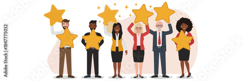Flat design illustration of a diverse group of business professionals holding large golden stars, symbolizing customer feedback, high ratings, success, and excellent reputation.